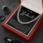 Open gift box with cuban link chain and Christian message card to husband