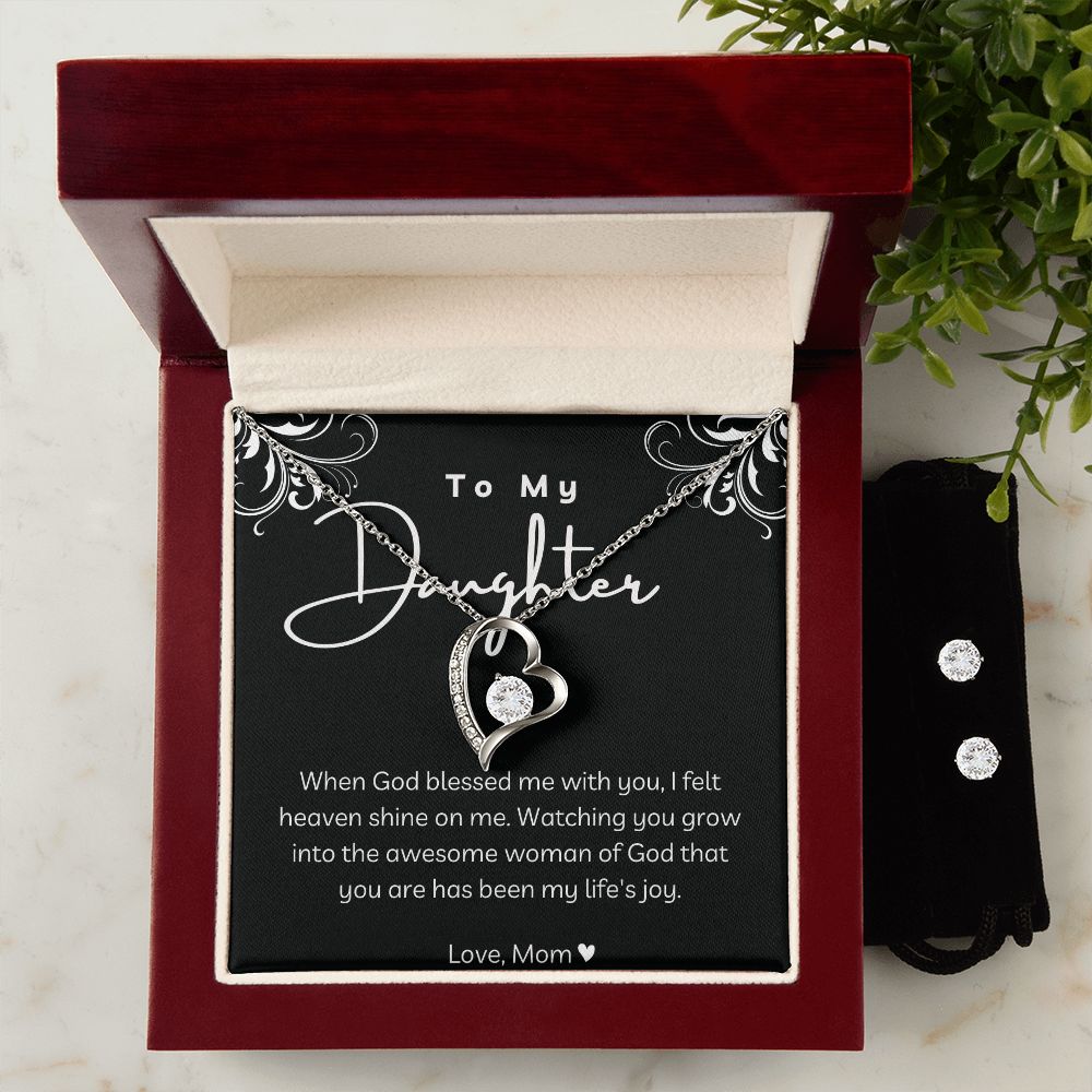 To My Daughter, Love Mom - Forever Love Necklace & Earring Set - 14k White Gold