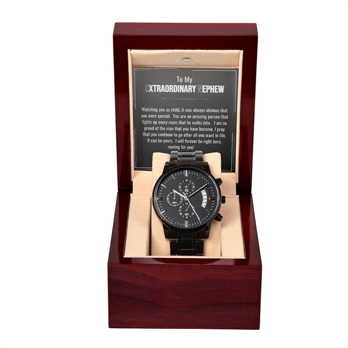 Men's Black Chronograph Watch with Message Card - Gift for Nephew