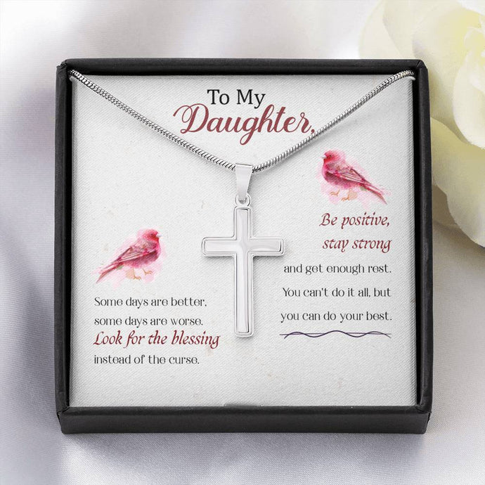 Encouraging Cross with Daughter Message Card - 14k White Gold Finish